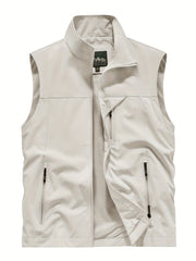 Men's Polyester Sleeveless Jacket with Zipper Pockets Stand Collar for Outdoor Activities