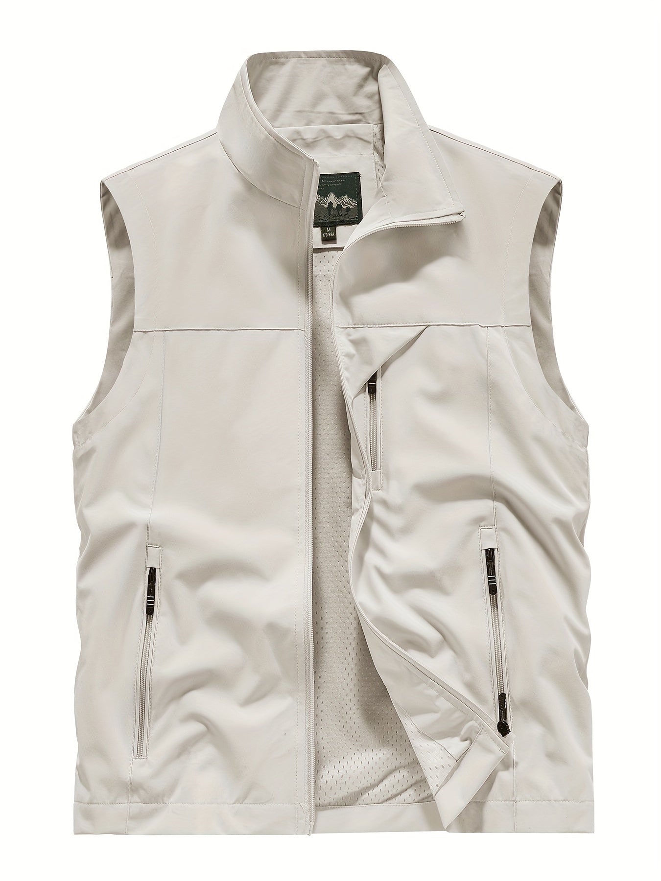 Men's Polyester Sleeveless Jacket with Zipper Pockets Stand Collar for Outdoor Activities