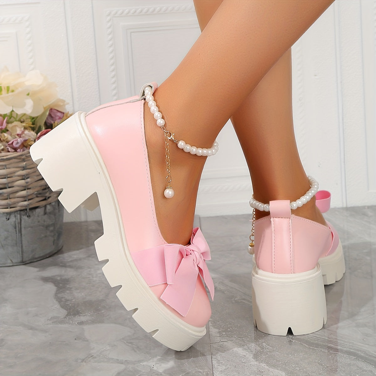 Women's Faux Pearl Bow Decor Loafers with Chunky Heels and Platform