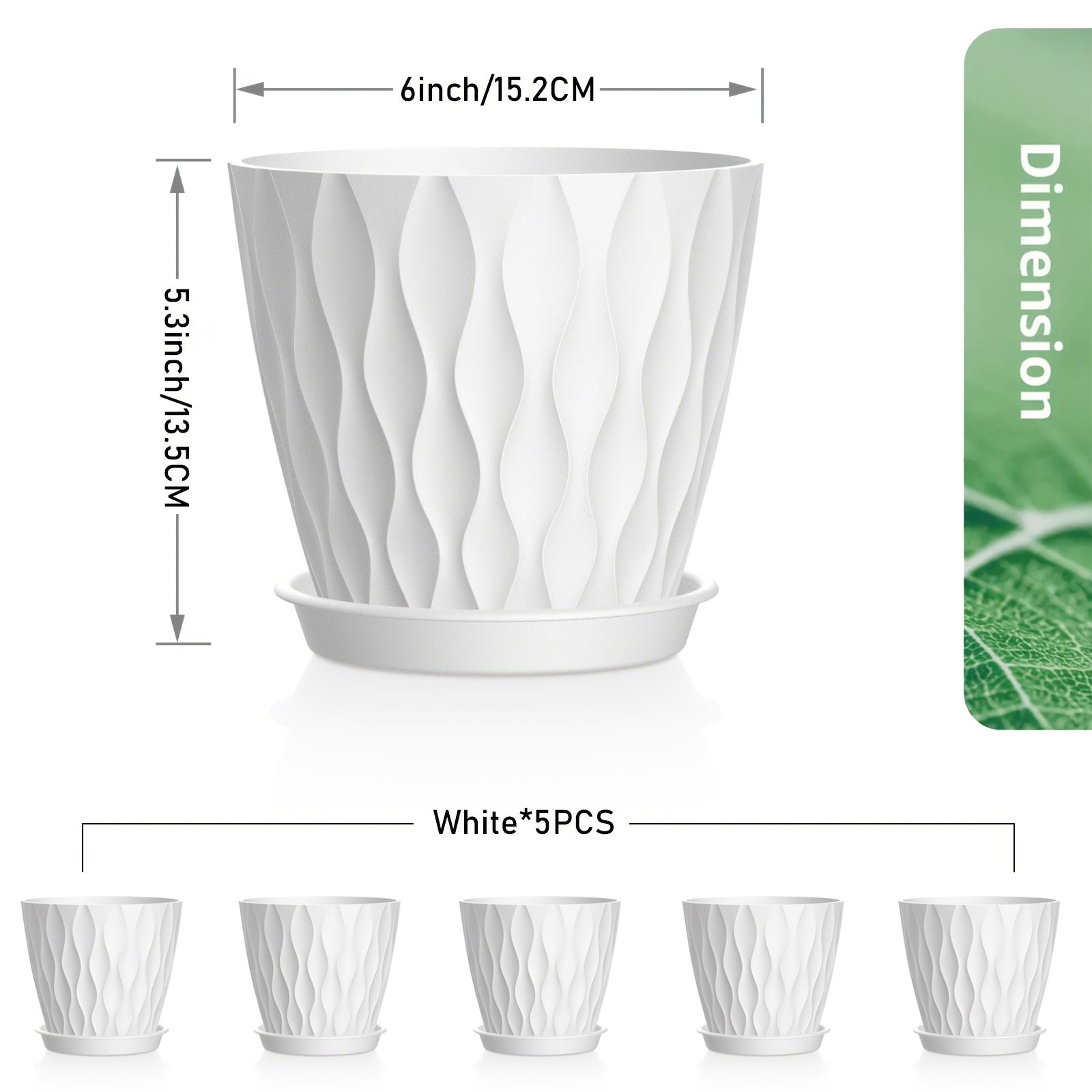 Set of 5 Boho Striped Plastic Flower Pots with Saucers 6-Inch Round Indoor Outdoor