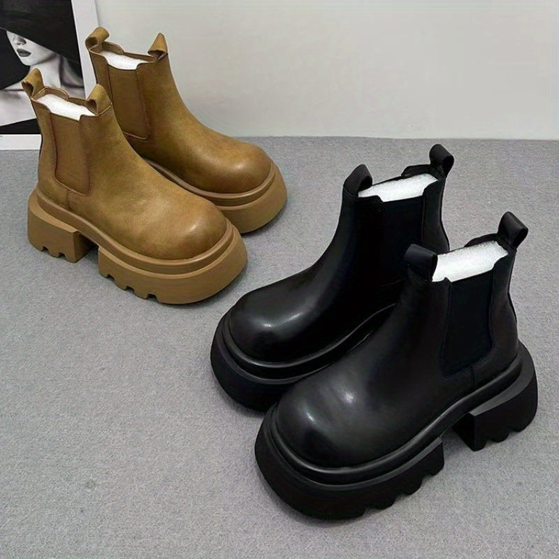 Women's Chunky Platform Boots Slip-On Thick Sole Non-Slip Rubber Brown Black Winter