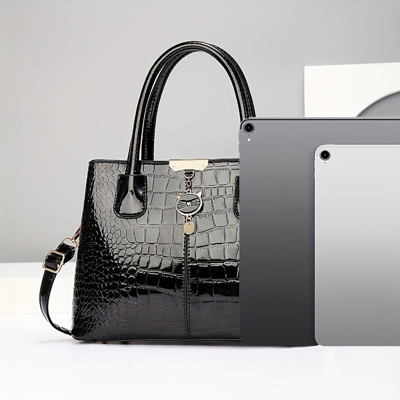 Women's Handbag Crocodile Pattern Large Capacity PU Shoulder Bag for Middle-Aged Mothers