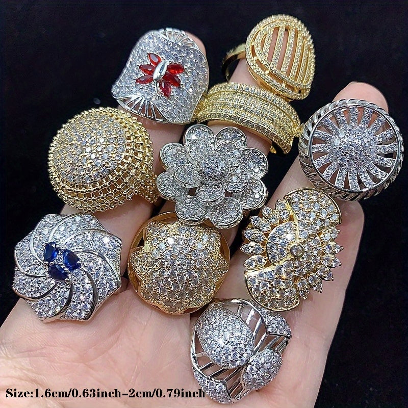 Juego de 10 anillos de cobre con zirconia sintética incrustada para mujeres, estilo elegante de alta gama para bodas, fiestas y uso diario