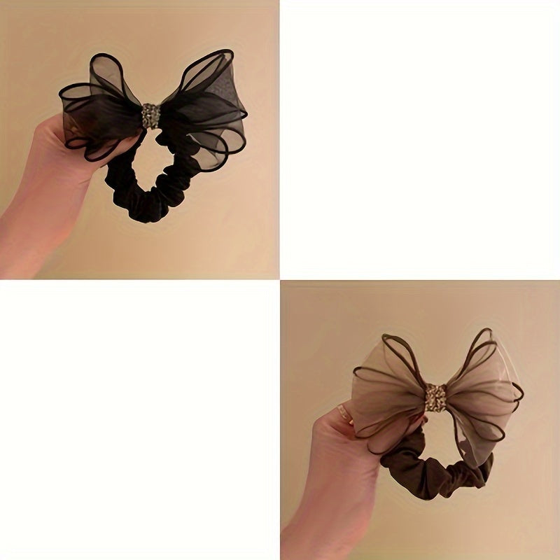 Vintage Polyester Rhinestone Mesh Bow Hair Ties Set of 1 2 3 for Women