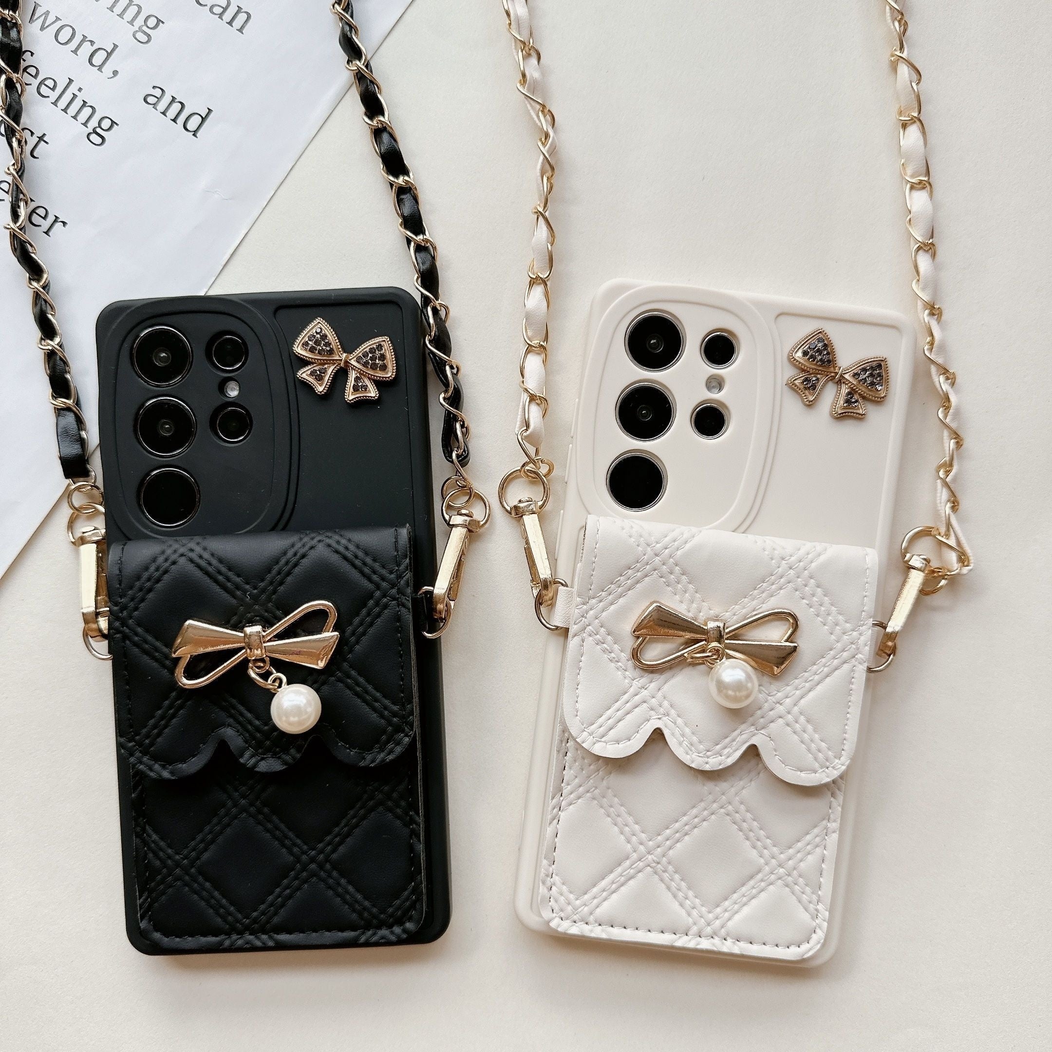Pearl Bowknot Diamond Phone Case for Samsung Galaxy with Lanyard Full Cover Protection