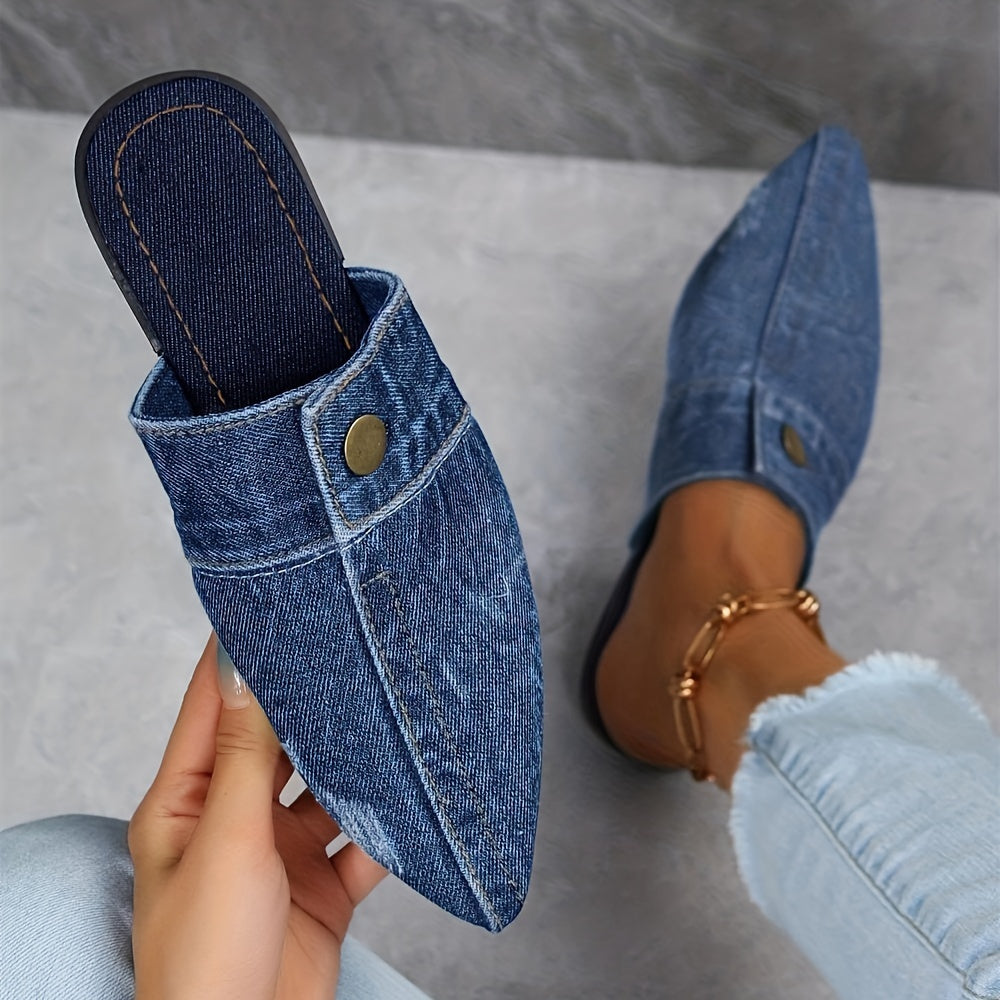 Women's Denim Flat Mules with Pointed Toe Slip-On Casual Outdoor Shoes