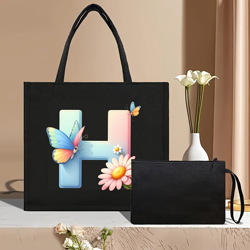 Set of 2 Floral Letter Print Canvas Tote Bags Large Handbag with Clutch Pouch