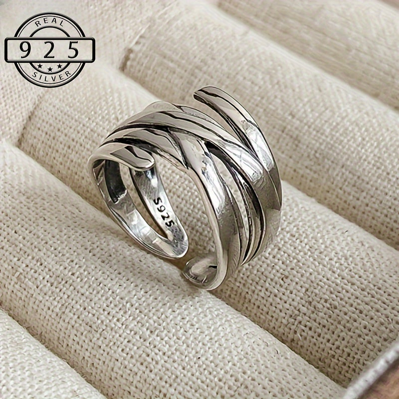 Sterling Silver Wide Band Ring with Multiple Layers for Women