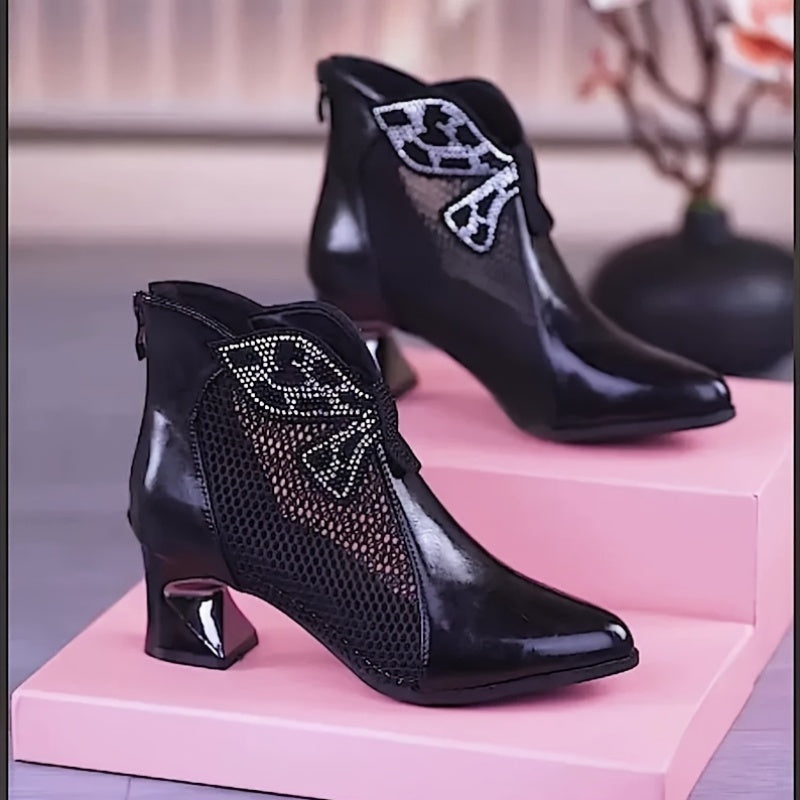 Women Mesh Boots With Rhinestones, Pointed Toe, Zipper Closure