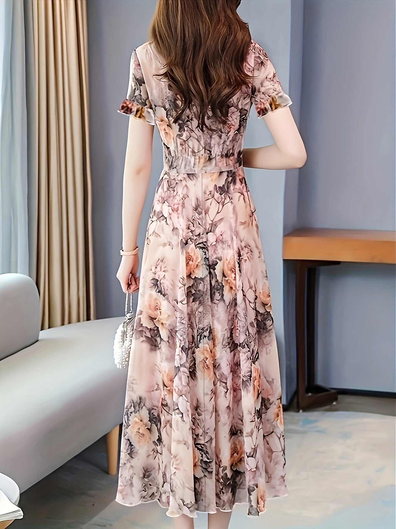 Vestido floral para adultos con peonía, tela de poliéster semi-transparente y cuello redondo