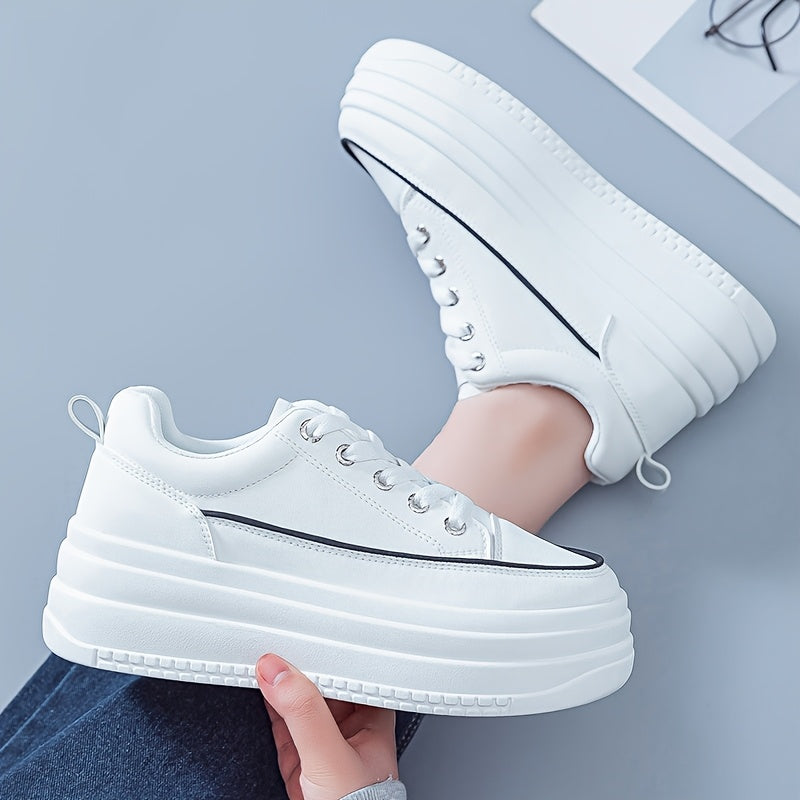 Women's Casual White PU Low-Top Sneakers with Breathable Fabric