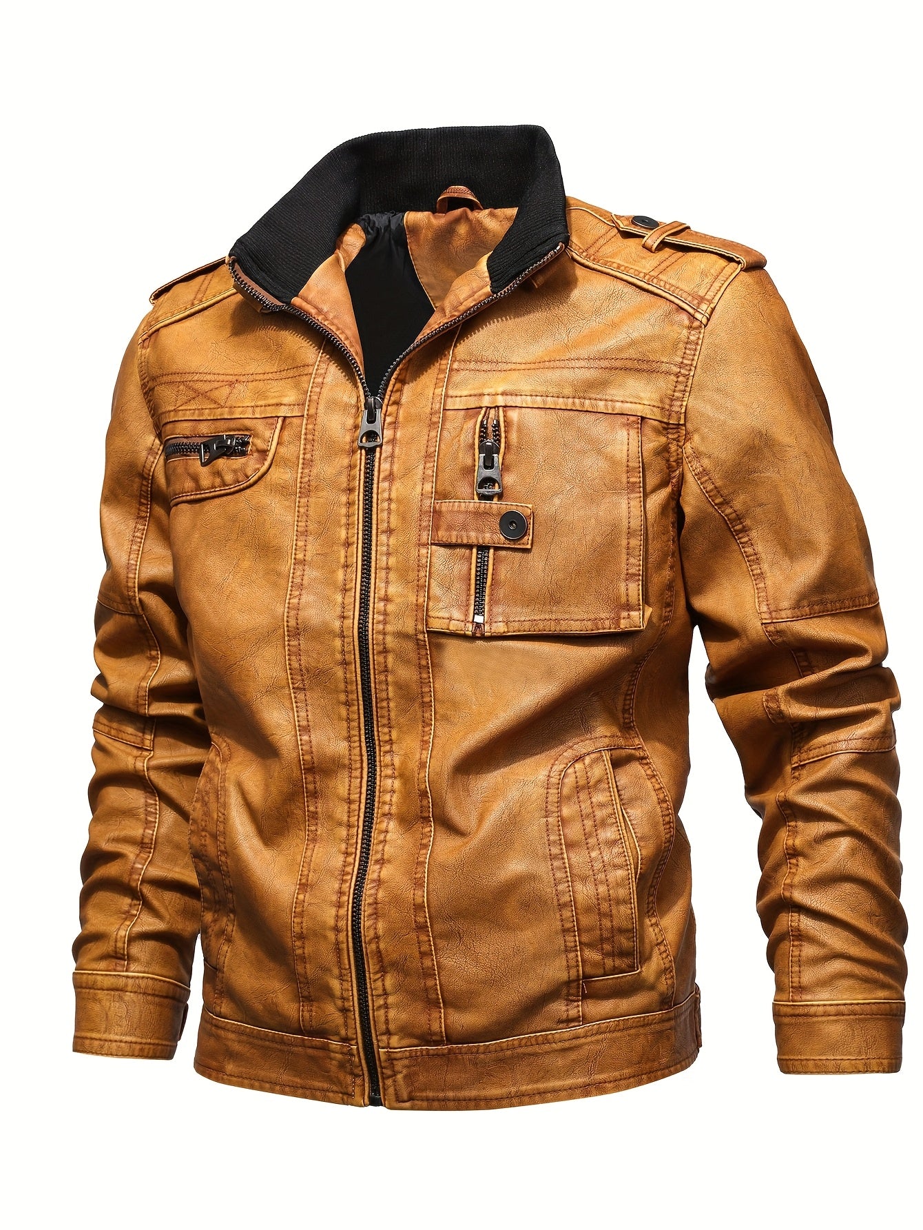 Men's Retro Motorcycle PU Jacket with Zipper and Multiple Pockets for Autumn Winter