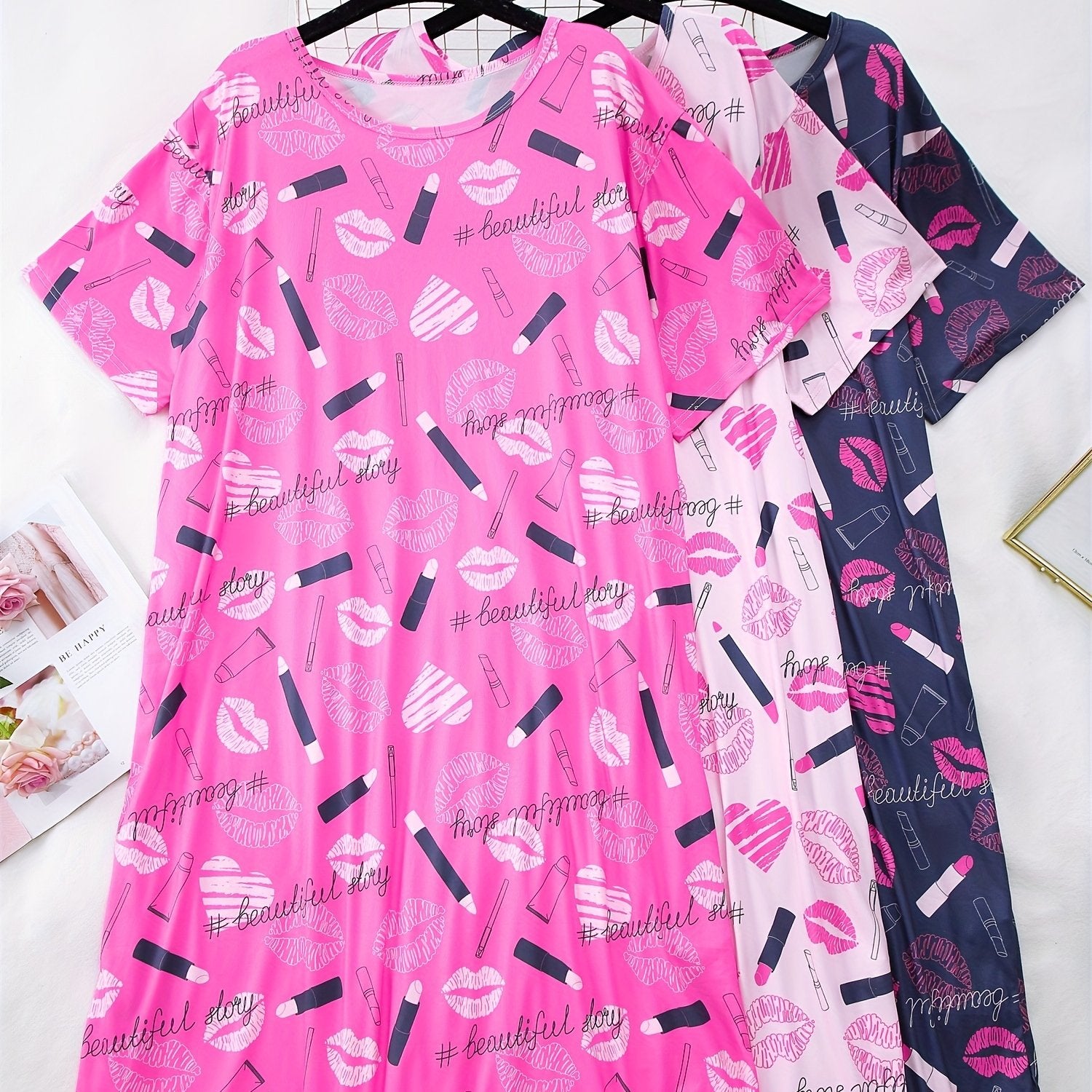 Women's Casual Nightdress Plus Size Red Heart Lip Print Sleep Dress