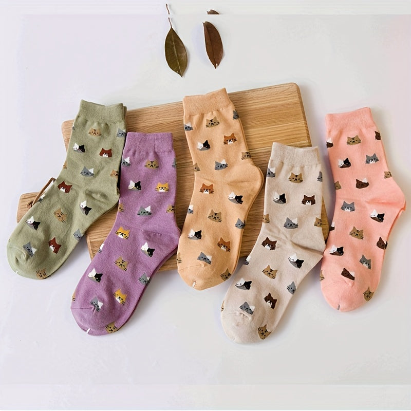 Women’s Cotton Cat Cartoon Socks 5 Pairs Mid-Calf Fall Winter Cozy Multi-Color
