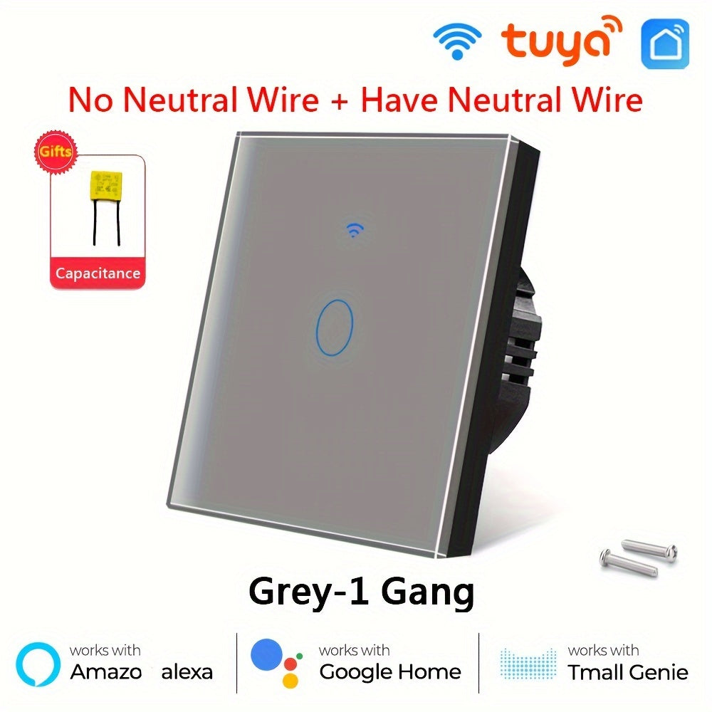 Smart Touch Wall Switch WiFi App Control Tempered Glass 86mm Single or Zero Wire Replacement in White or Golden