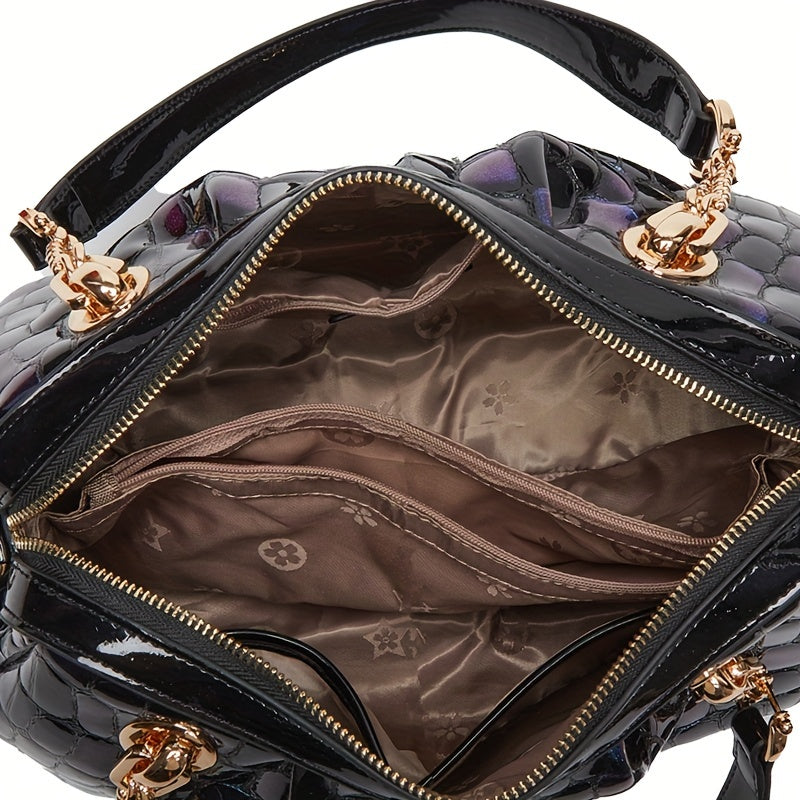 Leather Crocodile Pattern Messenger Bag for Women with Adjustable Strap and Zipper Closure