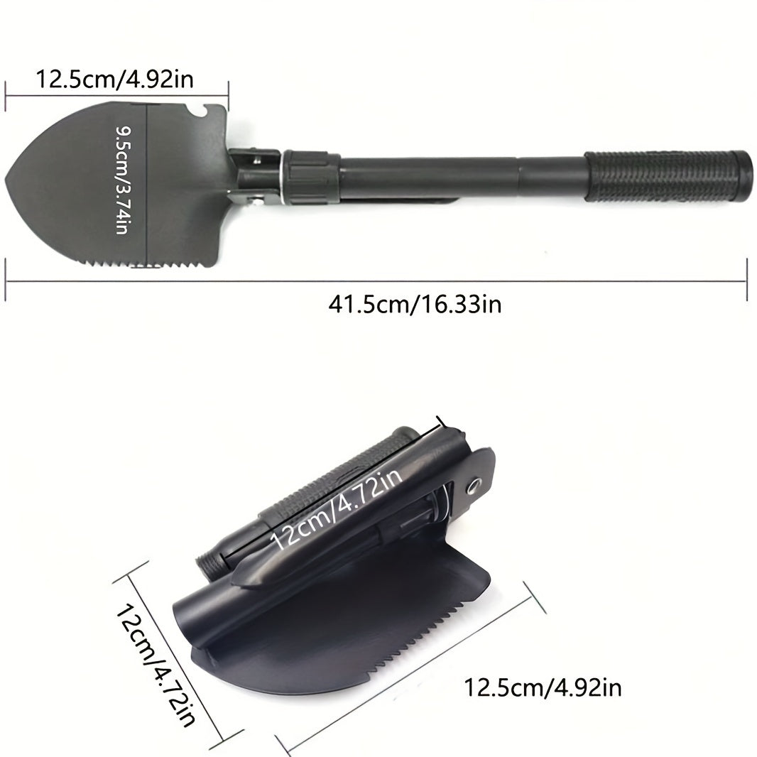 Temirga chidamli egiluvchan lopatka, arra, qozon, shisha ochgich va saqlash sumkasi bilan, lagerda va ochiq havoda omon qolish uchun.