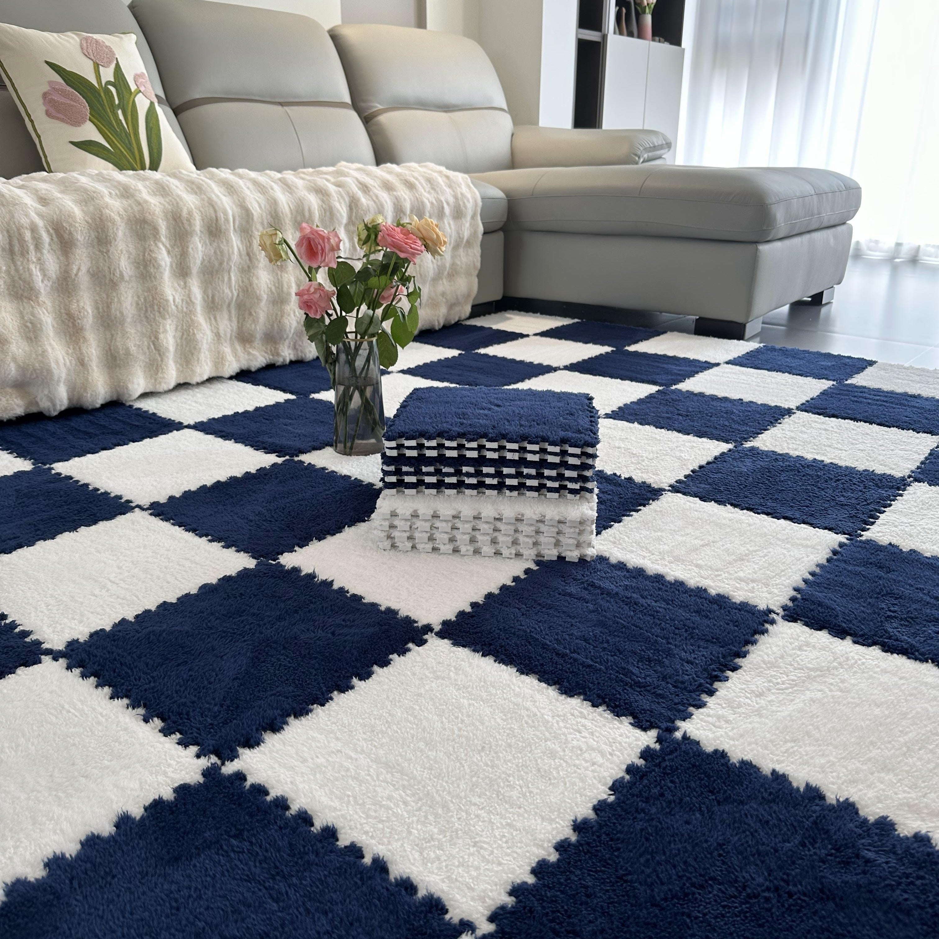 Juego de 40 baldosas de moqueta entrelazadas para uso en interior de dormitorio, diseño de cuadros de pelo bajo