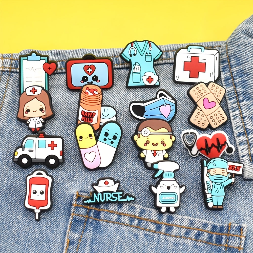 Set of 16 Plastic Pins with Medical Pattern for DIY Clothing Accessories