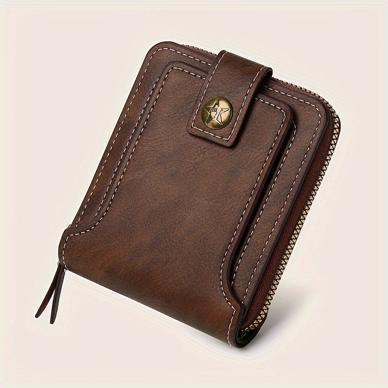 Men's PU Zipper Wallet with Button Decor Credit Card Holder Bifold Coffee