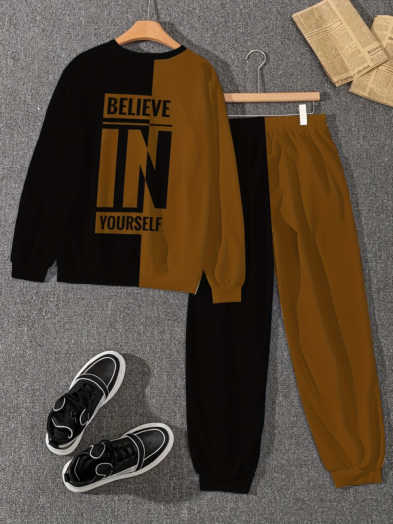 Men's Polyester Knit Tracksuit Crew Neck Long Sleeve Sweatshirt and Joggers with Believe in Yourself Print