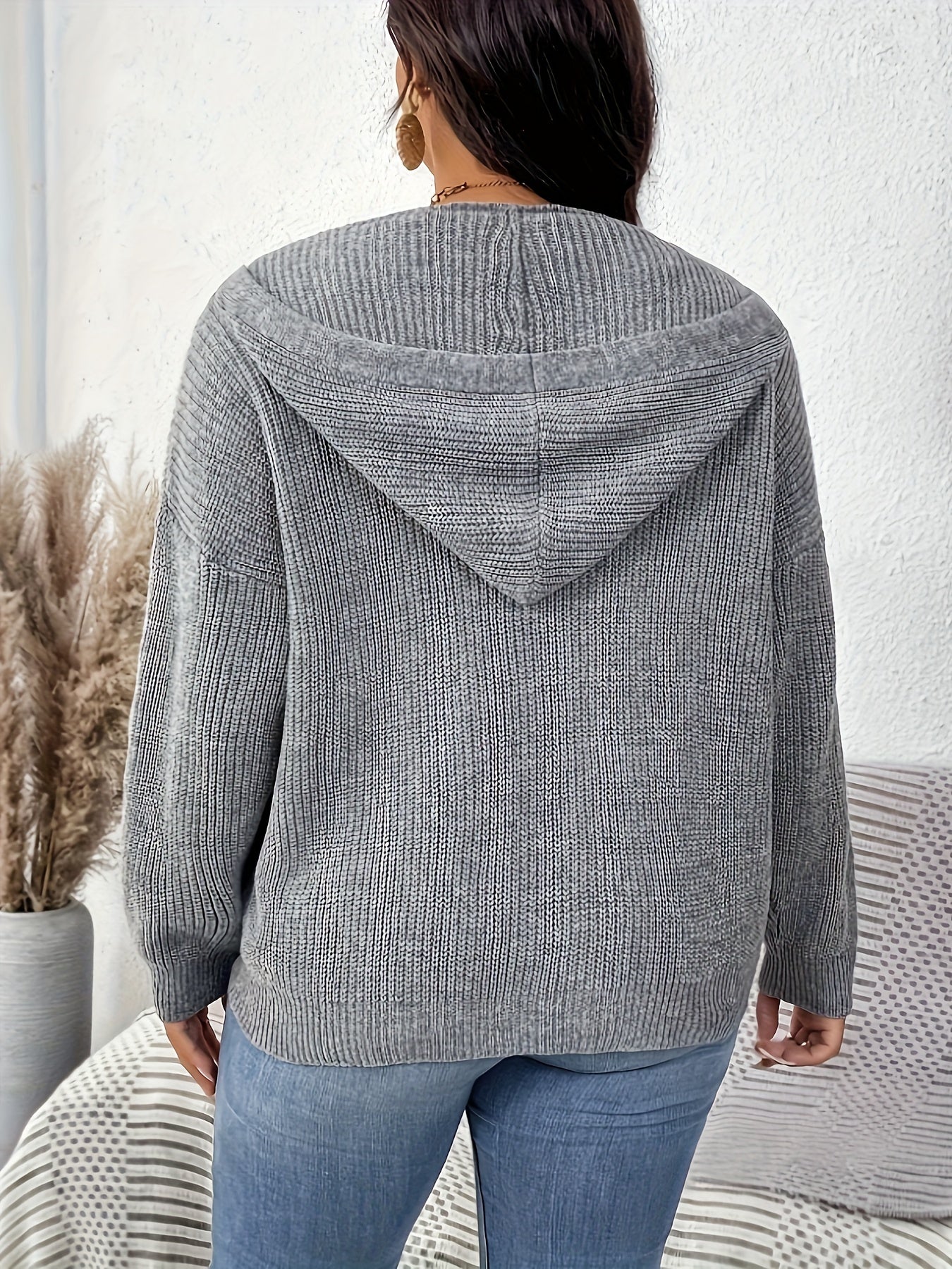 Heather Gray Hooded Knit Cardigan for Women Fall Winter Long Sleeve Drawstring
