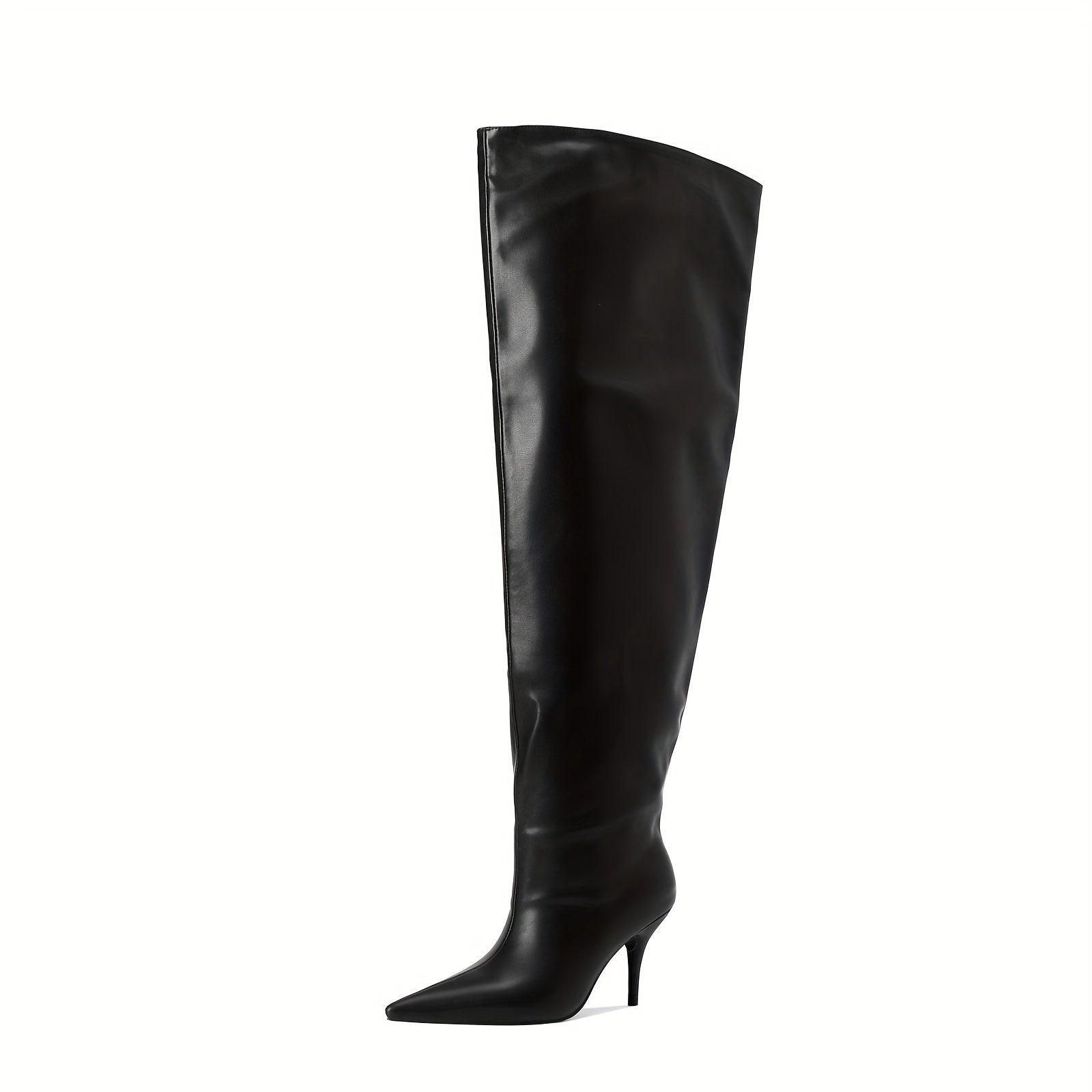 Women's Black Faux Cover Pointed Toe Over-the-Knee Boots With Pleated Design