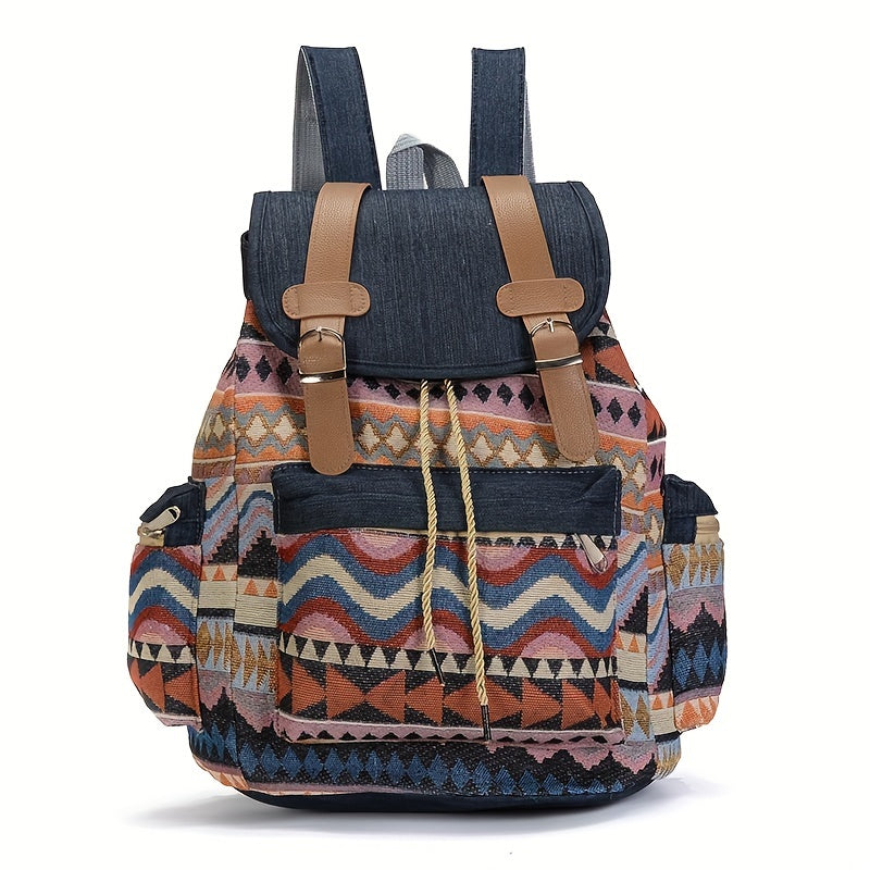 Women's Denim Backpack with Geometric Tribal Pattern Adjustable Straps Large Capacity Blue Brown