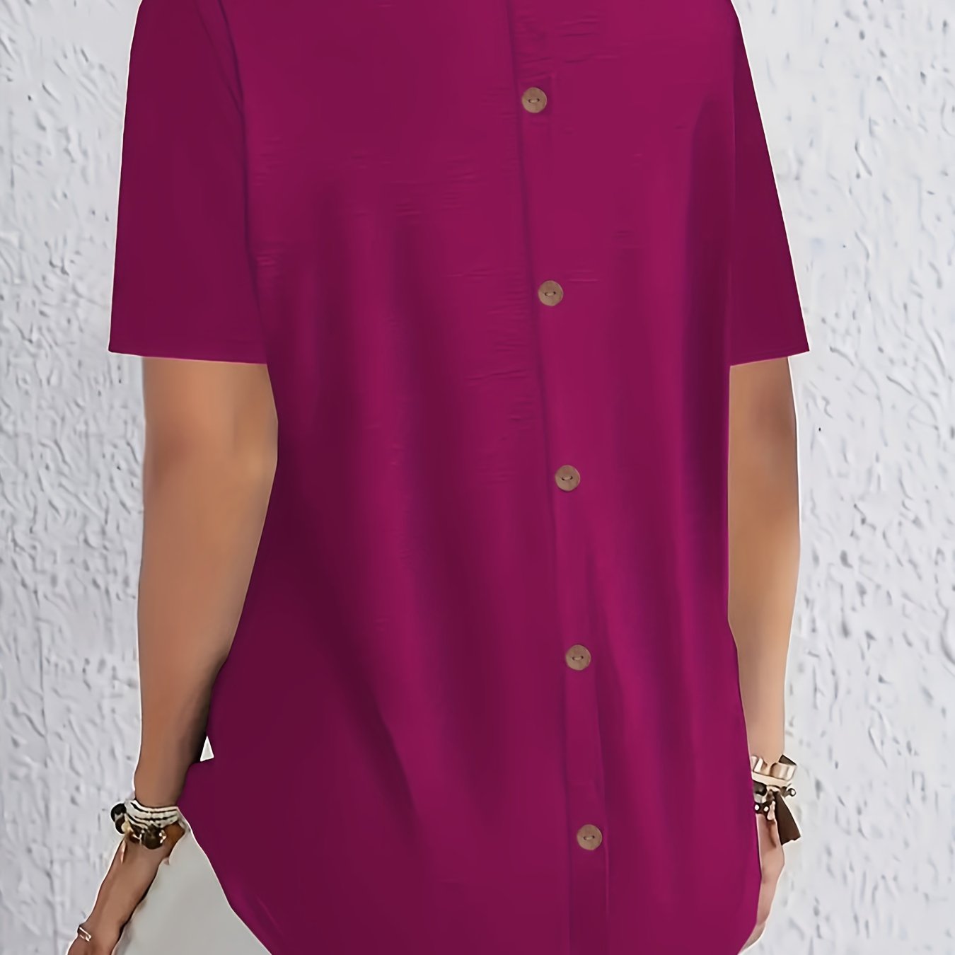 Plus Size Maroon Short Sleeve Crew Neck T-Shirt with Back Button and Asymmetrical Hem