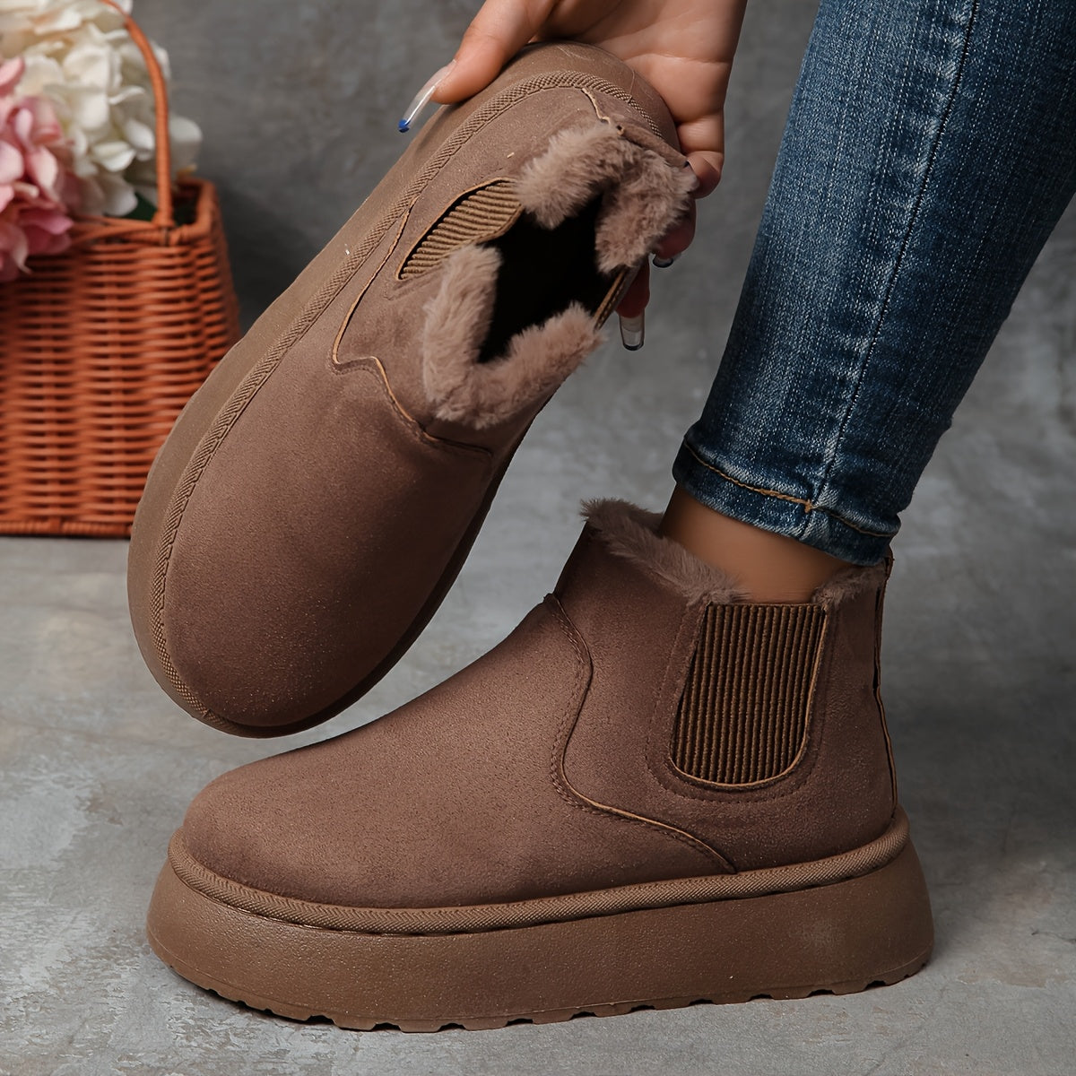 Women's Faux Fur Lined Ankle Boots with Thick Platform and Mid Heel