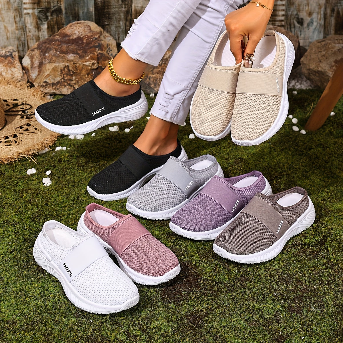 Women's White Slip-On Casual Sneakers Breathable Fabric Lightweight PVC