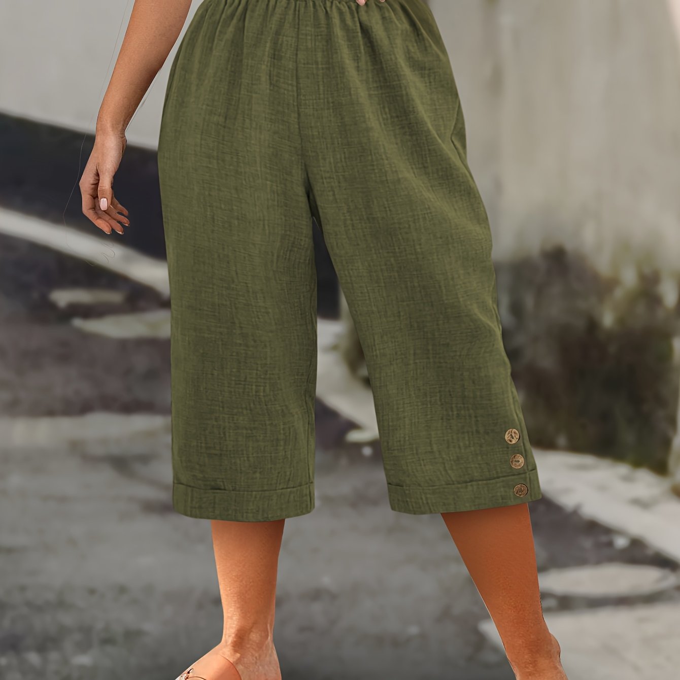 Women Plus Size Olive Green Bermuda Shorts Summer Casual Flat-Fold Button Details