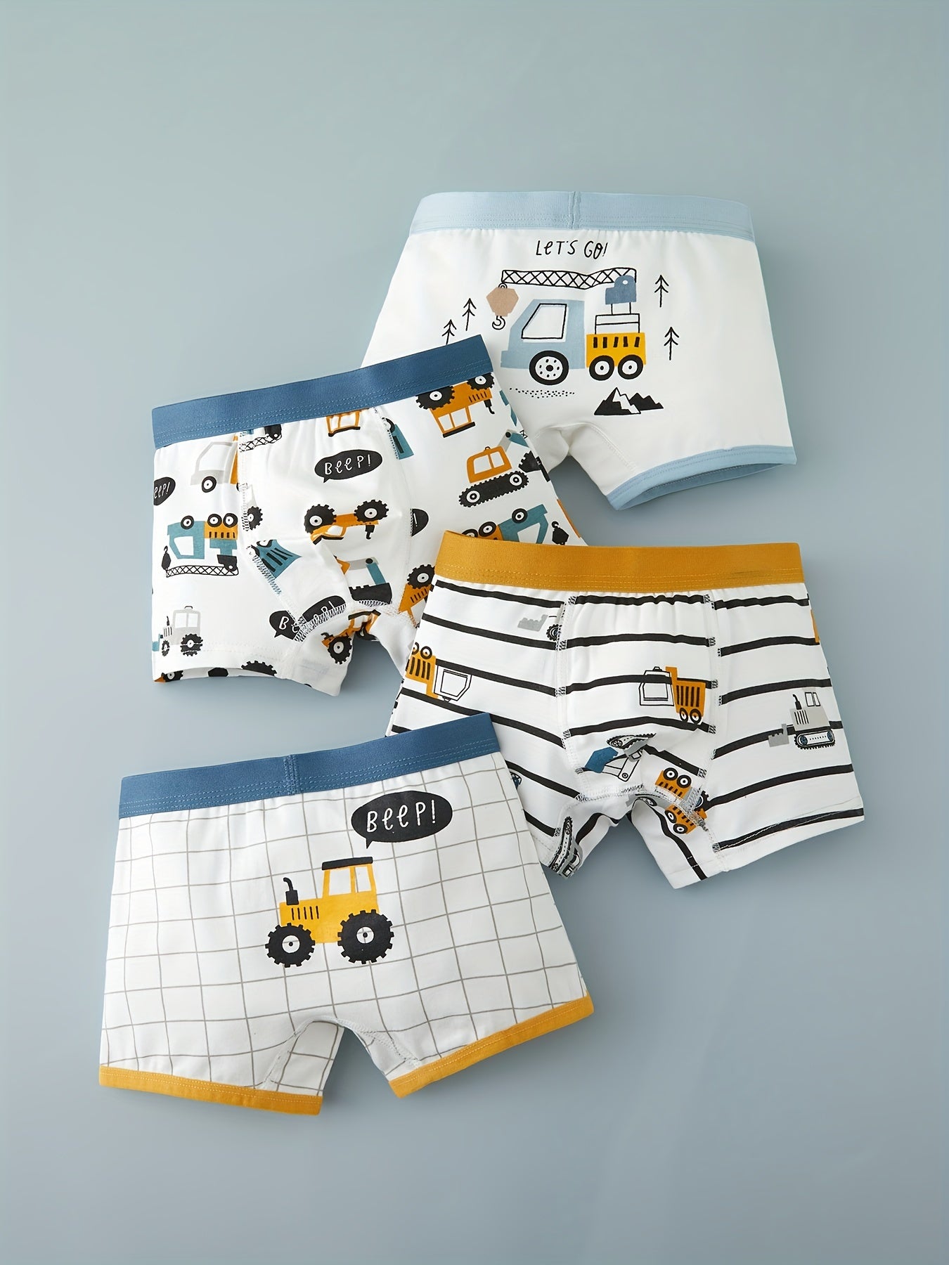 Boys Cotton Boxer Briefs Set of 4 with Cartoon Excavator and Vehicle Patterns in Blue and White