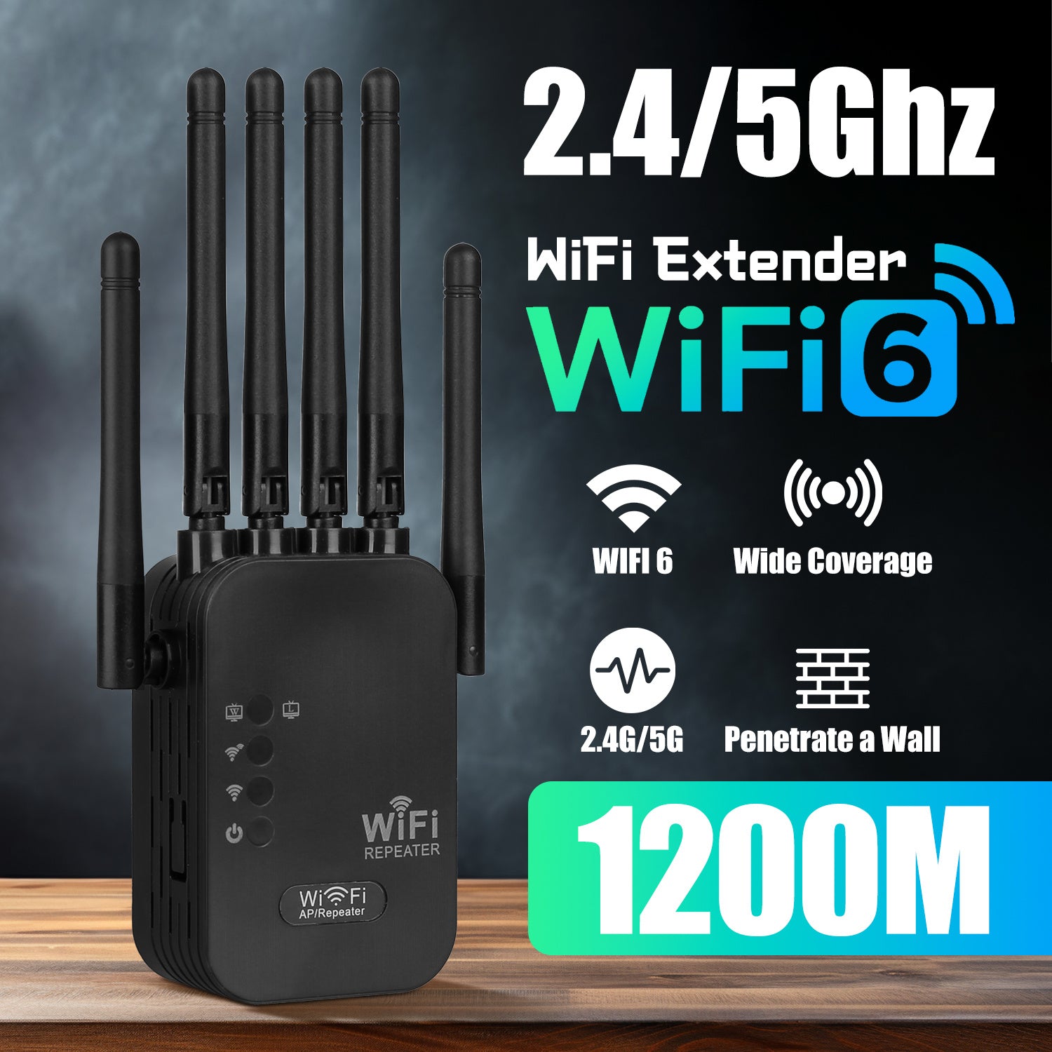Extensor WiFi de doble banda 2.4G/5GHz 1200Mbps con puerto Ethernet y 6 antenas