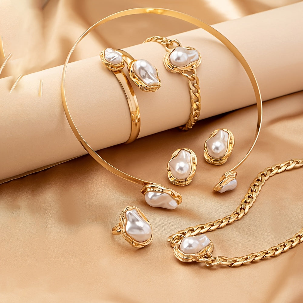 Ayollar uchun Vintage Elegant Zargarlik To'plami - Marjon, Quloq uzuklari, Bilaguzuk, Soat to'plami bilan birga, Sun'iy marjon inlay, Temir asos, Nikel qoplamali po'latdan tayyorlangan - Sovg'alar, Bayramlar va Har kuni kiyish uchun mukammal - Jami 6 dona