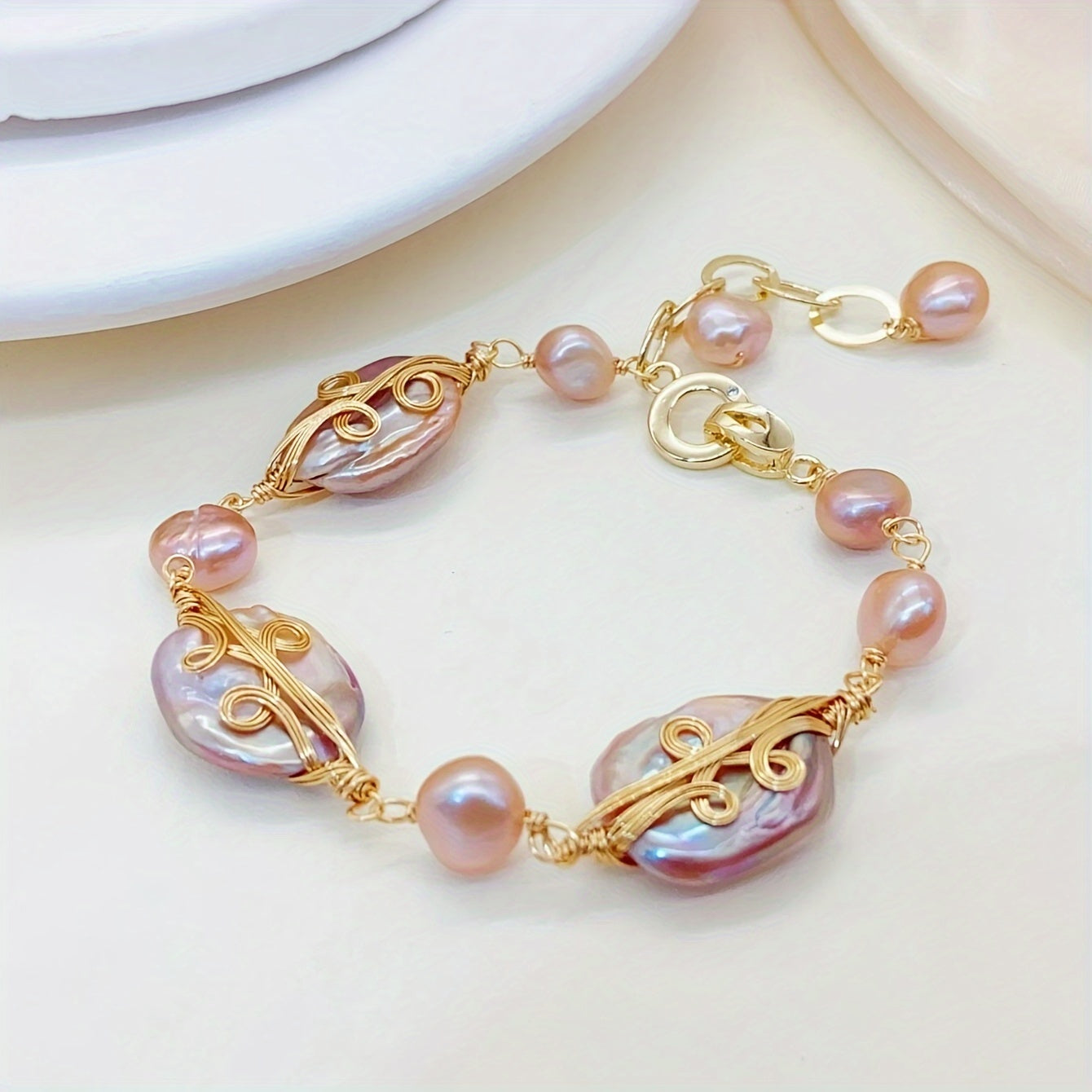 Women’s Vintage Style Bracelet with Freshwater Pearls and Hand Chain Design