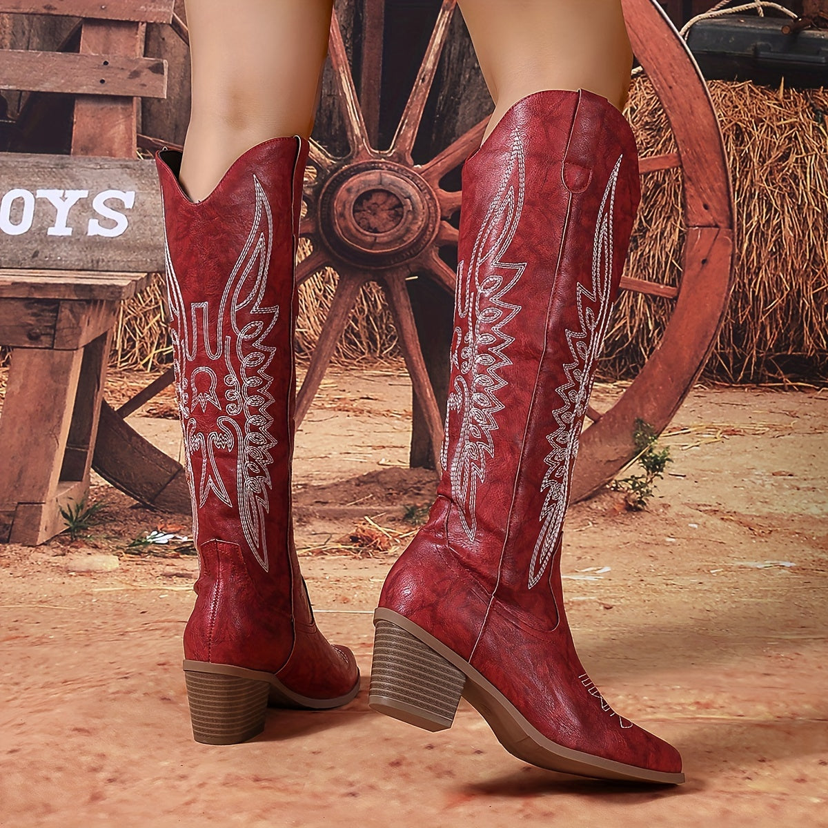 Women's Western Knee-High Boots Red Embroidery Slip-On Pointed Toe