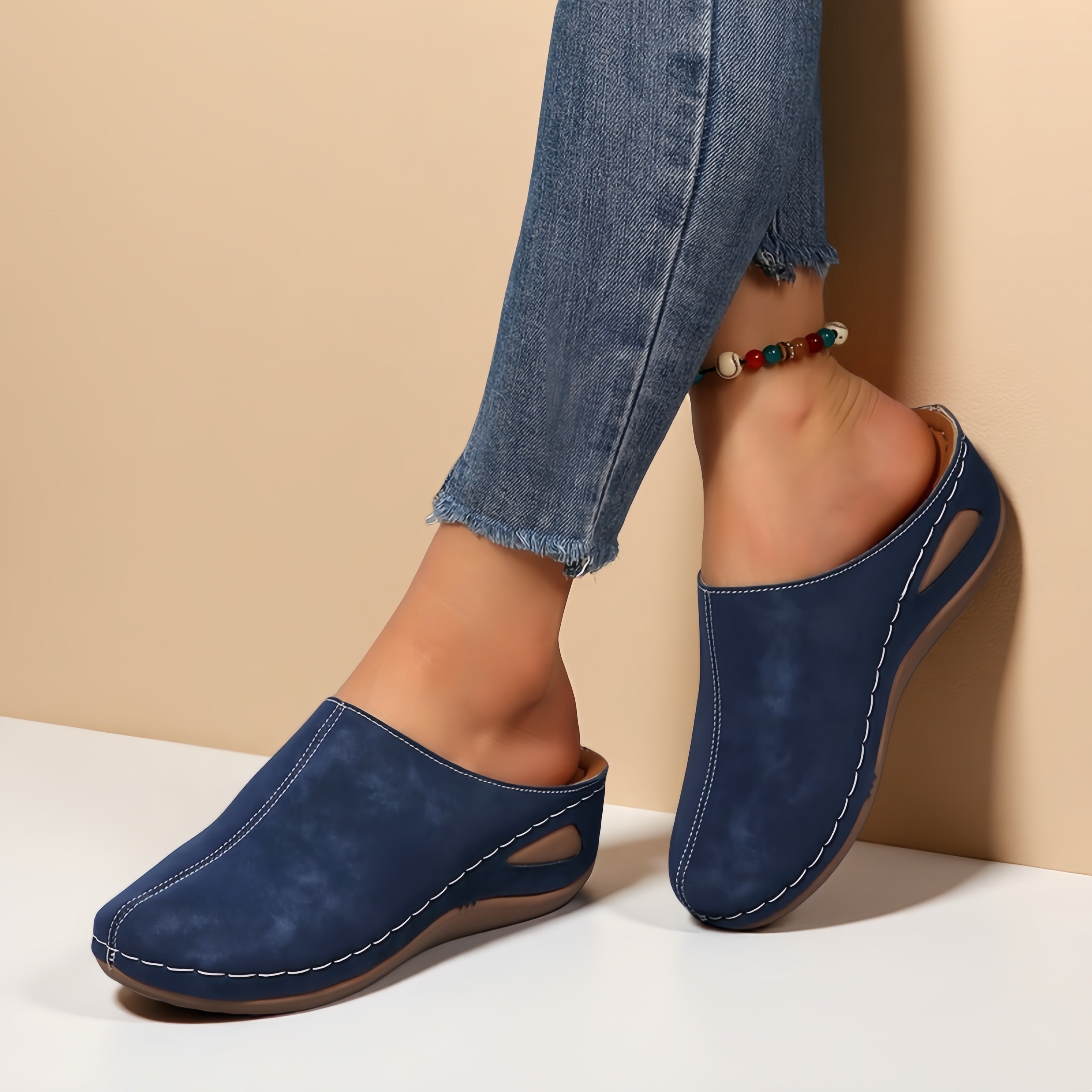 Women's Navy Blue PU Slip-On Flats Non-Slip Cushioned Insole All-Season