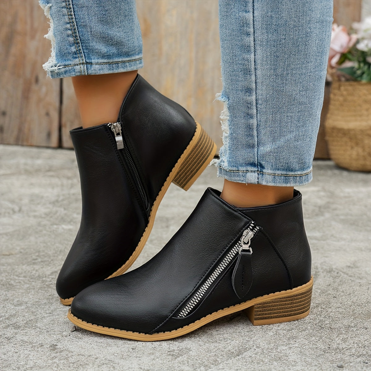 Women's Solid Color Ankle Boots With Thick Sole Wedge Back Zipper