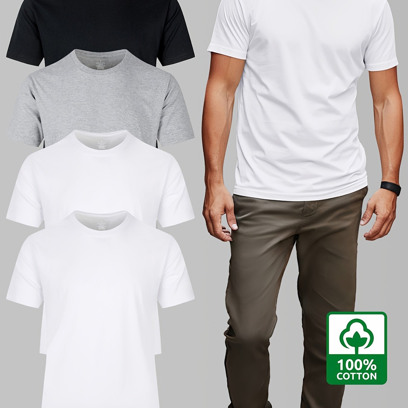 Men's Plus Size Cotton T-Shirt Crew Neck Solid Color Pack of 4 Summer Casual Breathable