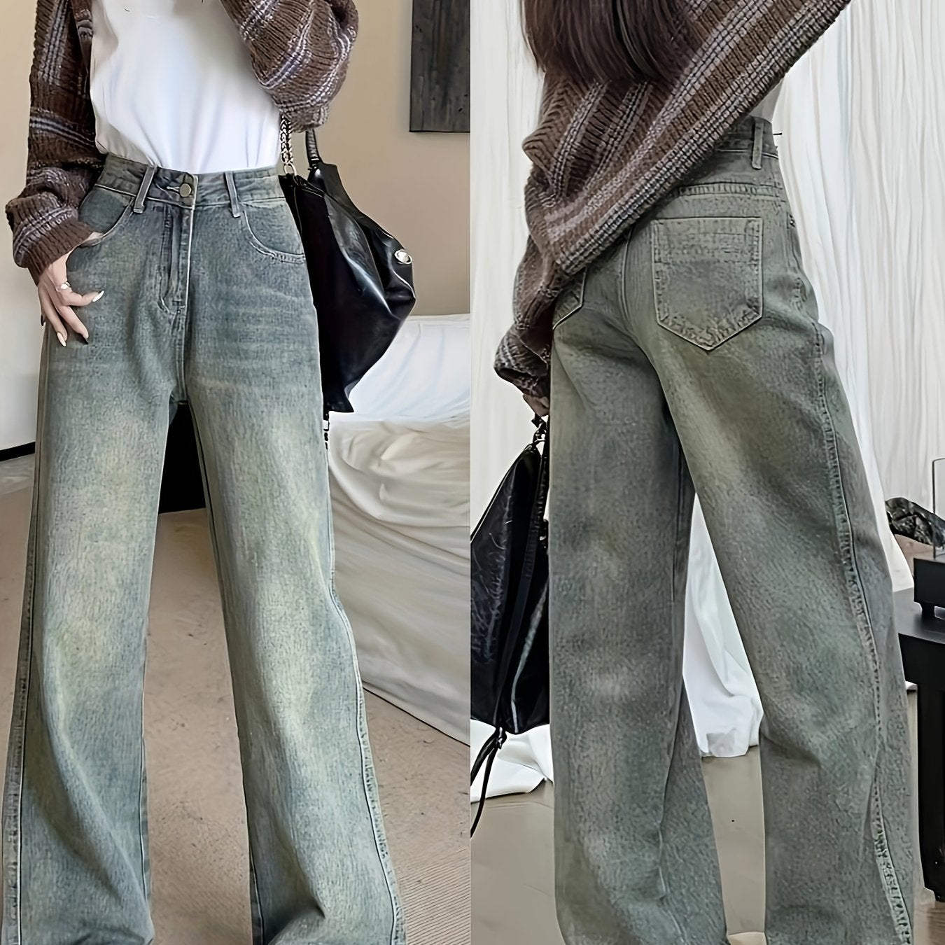 Ayollar uchun katta o'lchamli vintage yuqori bel keng bo'yinli keng yengli jinsilar, kundalik, buzilgan denim
