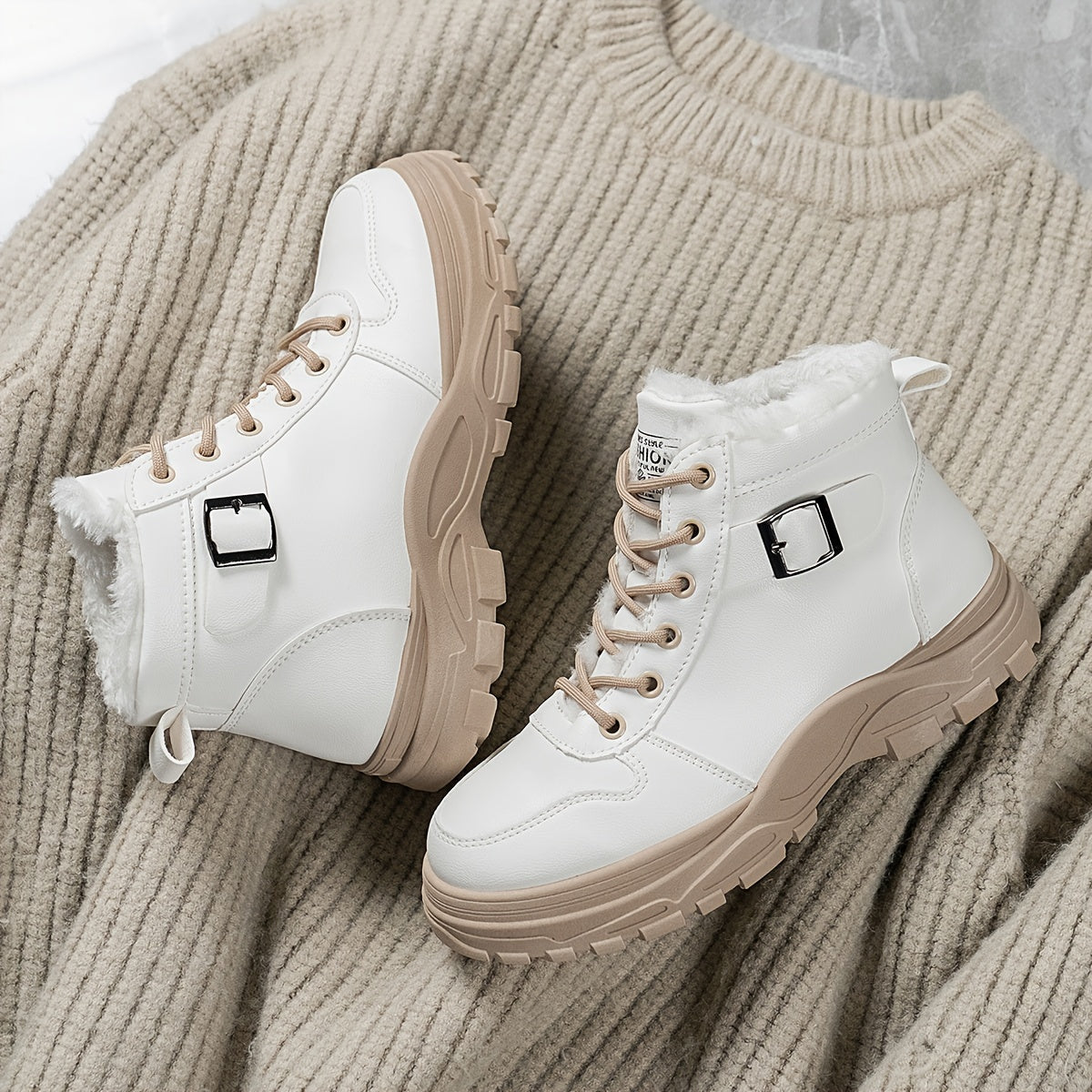 Women's Cozy Lined Ankle Boots Black Beige White High-Top Sneakers Rubber Soles