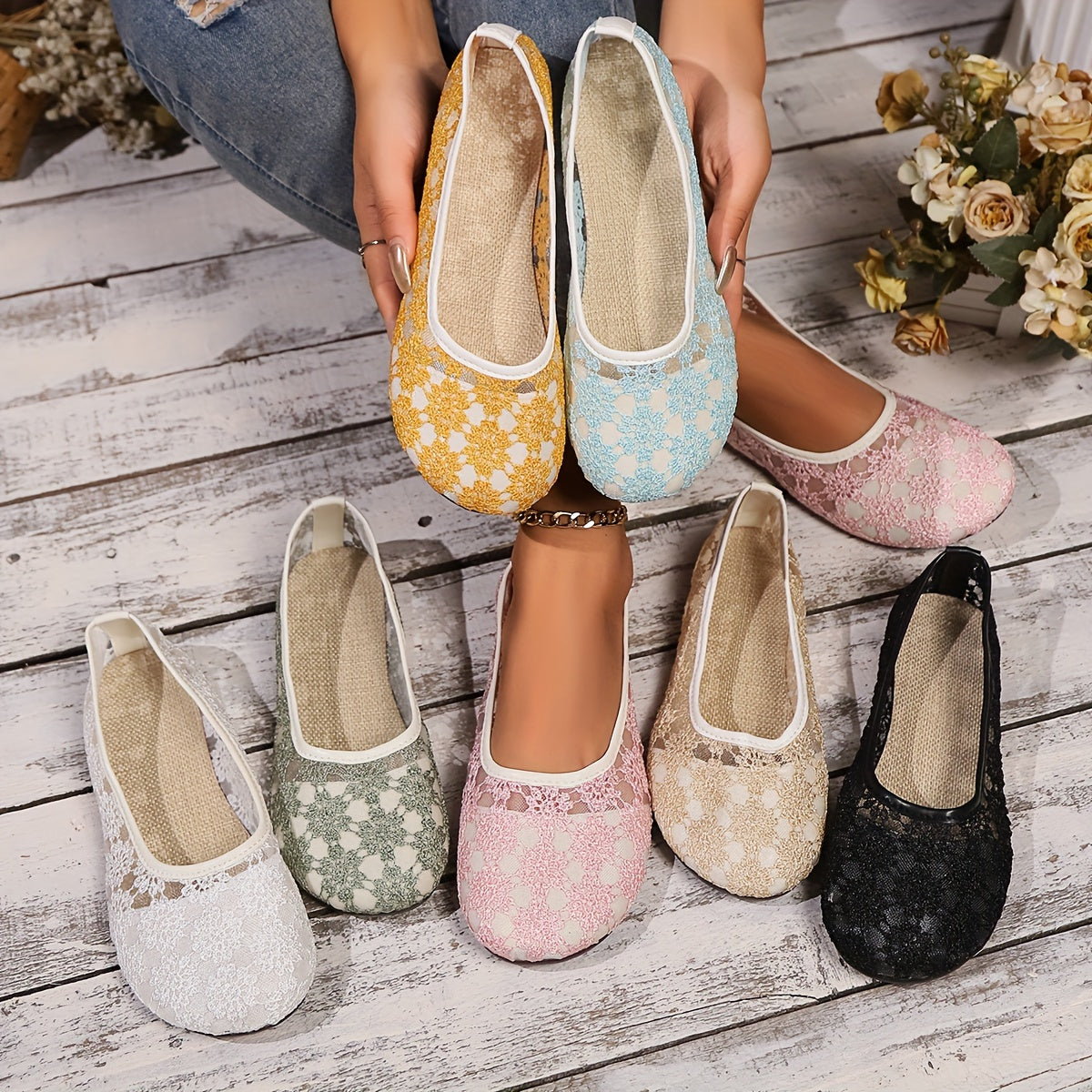 Women's Breathable Mesh Lace Ballet Flats Casual Slip-On Shoes