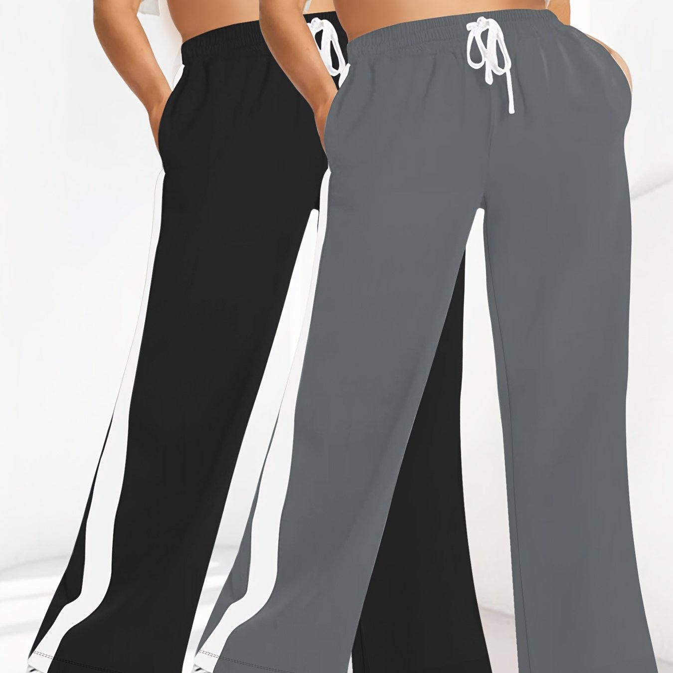 Women Wide Leg Pants Black and White Striped High-Waisted Drawstring