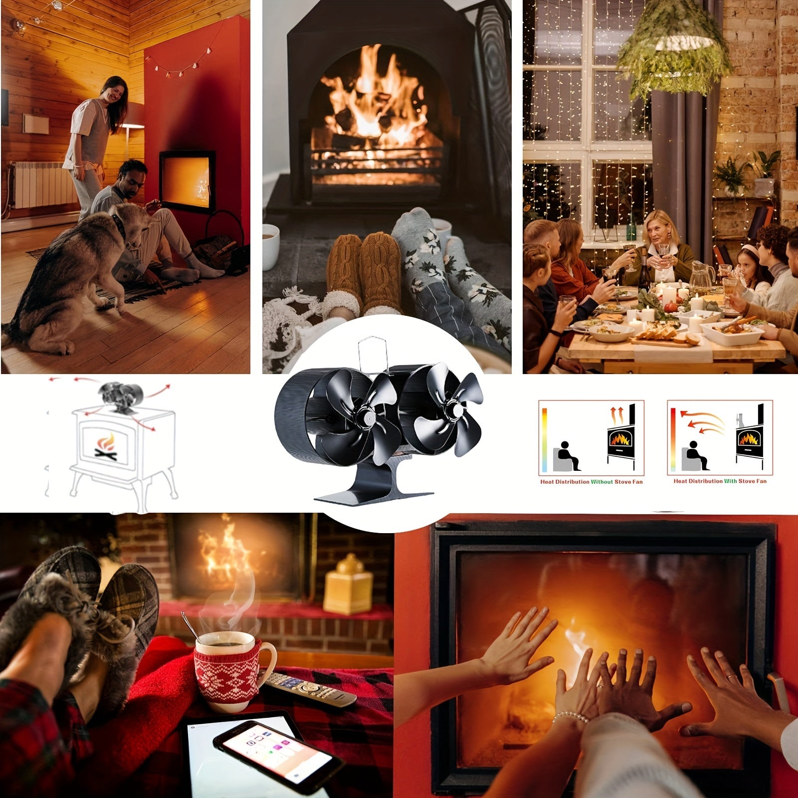 Aluminum Dual Head Stove Fan, Heat Powered Fireplace Fan, Large Room Circulation