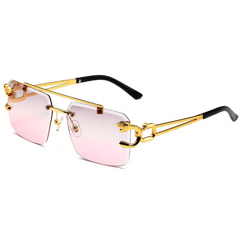 Unisex Rimless Double Bridge Square Metal Glasses with Gold Leopard Temples