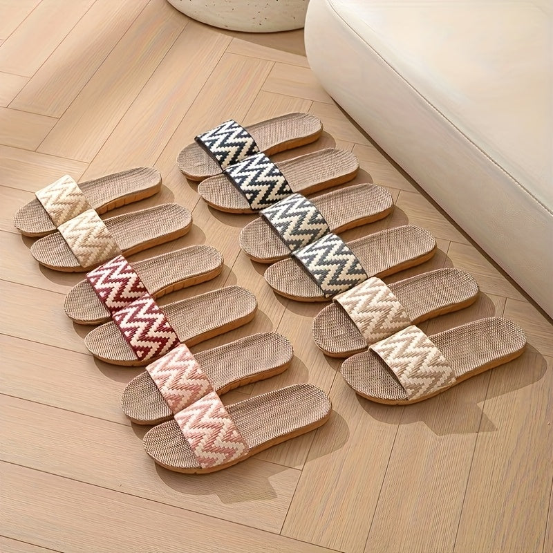 Unisex Linen Slip-On Slippers with Chevron Pattern Non-Slip EVA Sole