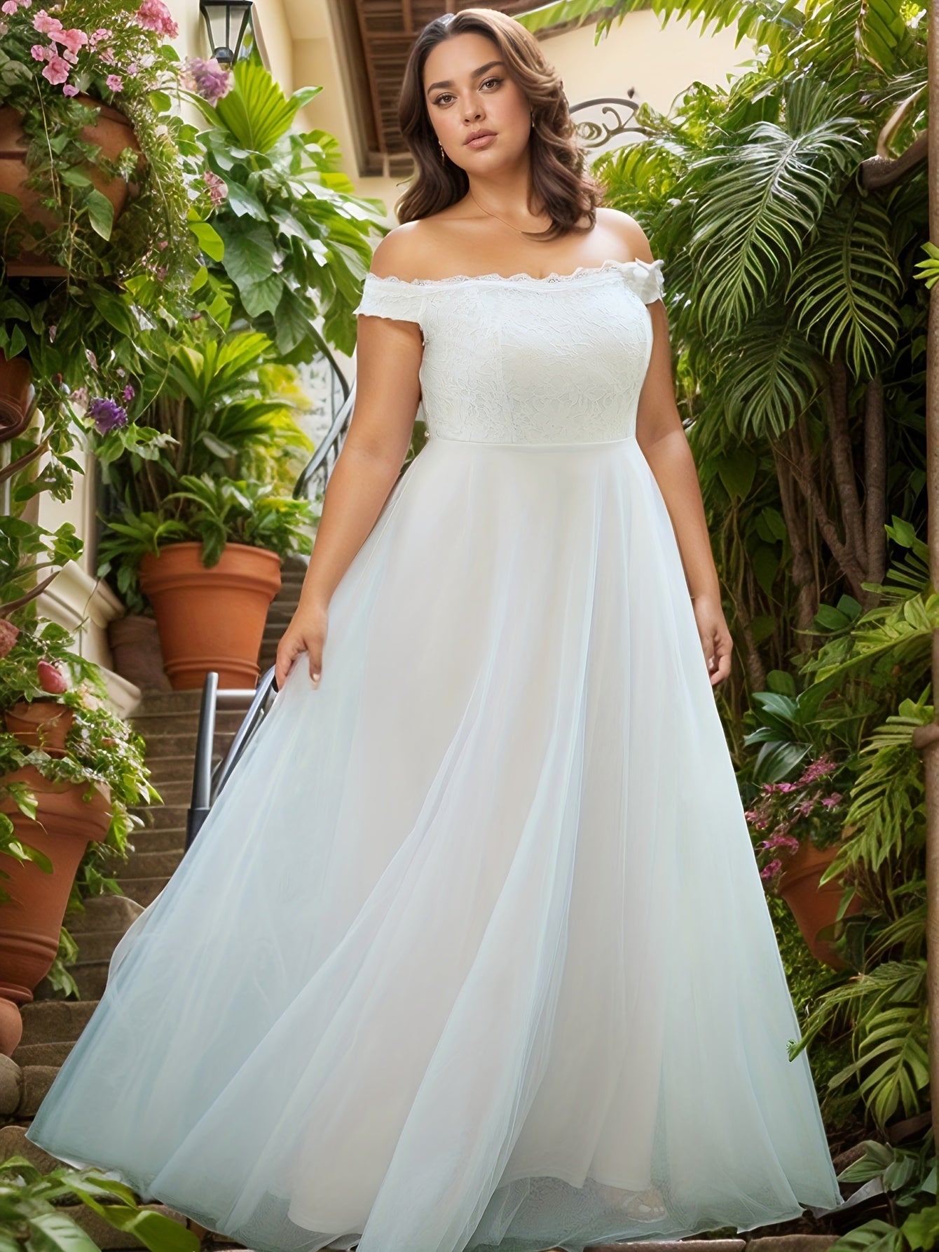 Vestido de novia de encaje para mujer de tallas grandes, sin hombros, sin mangas, con falda de tul