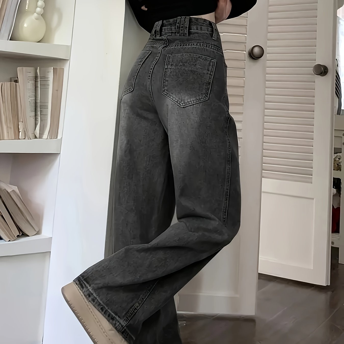 Women's Wide Leg Jeans with Slant Pockets Vintage Denim Pants Casual Streetwear