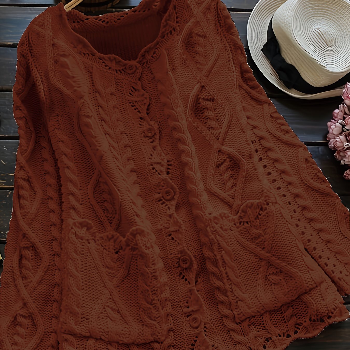 Women's Light Blue Casual Knit Cardigan with Lace Detailing and Round Neck